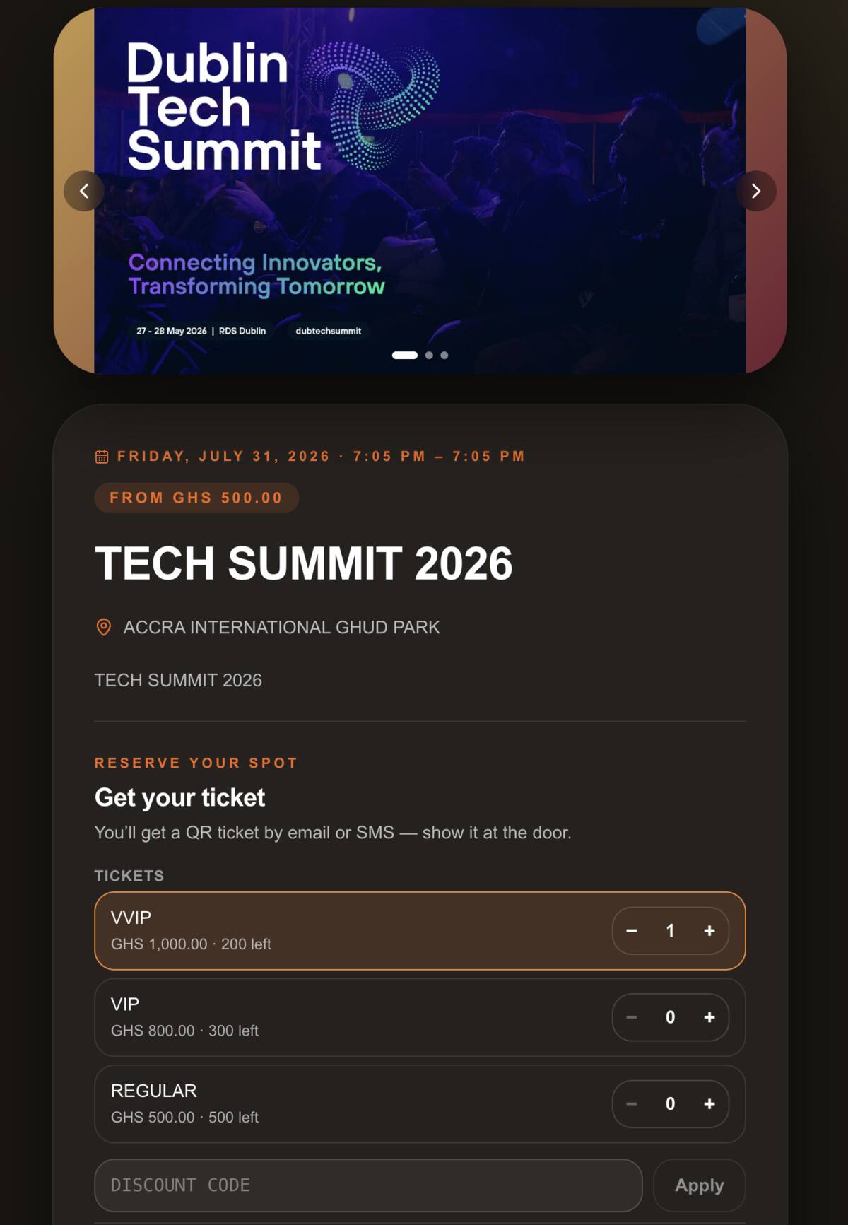 Public event ticket page
